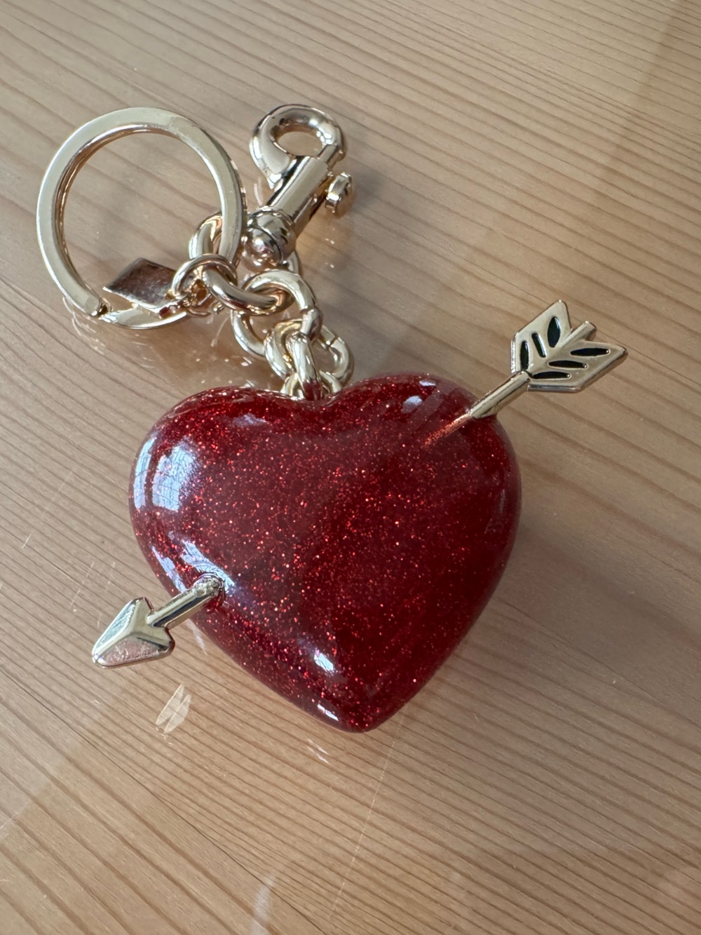 Red Glitter Heart Keychain / Bag Charm with Gold Arrow